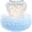 Floral Dog & Cat Dress with Tutu Skirt - Breathable Stretch Pet Clothes for Small Dogs Girl Cats & Puppies Birthday Party Outfit (Blue,Blue,Large)