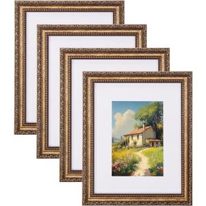 eletecpro 8x10 Picture Frames Set of 4, Gold Frame with Glass Cover, Vintage 8 x 10 Photo Frames Display 5x7 Photo with Mat or 8x10 without Mat for Tabletop or Wall Decor, Bronze Gold