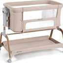 ANGELBLISS 3 in 1 Baby Bassinet, Rocking Bassinets Bedside Sleeper with Comfy Mattress and Wheels, 6 Height Adjustable Easy Folding Portable Bedside Crib for Newborn Infant (Khaki)