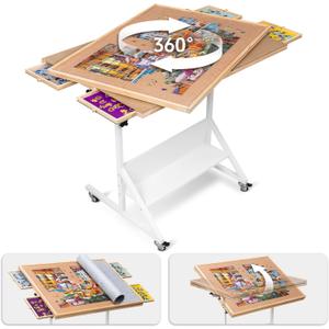 Tektalk Jigsaw Puzzle Table with Angle & Height Adjustment, Wooden Puzzle Board with Cover & 4 Colored Drawers, Tilting Puzzle Easel with Legs & 4 Roller Wheels, for Up to 1500 Pieces