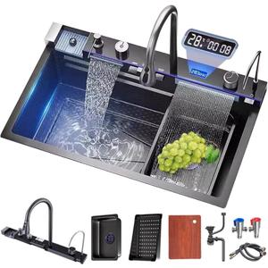 Kitchen sink double waterfall sink with LED display with cup washer, soap dispenser, waterfall mixer, worktop controller, etc. workstation kitchen sink (Gun grey, 33.5 * 18.1 * 8.7 IN)