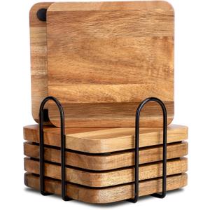 Acacia Wood Coasters with Iron Holder Stand for Coffee Table, Drink Protection Decor (Square Acacia Wooden Set 6)