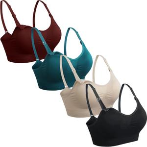 GXXGE 4Pack Nursing Bra for Breastfeeding Maternity Bras Push Up Silk Seamless Pregnancy Bralette Underwear (Large, 4pcs (Black Beige Rosered Blue))