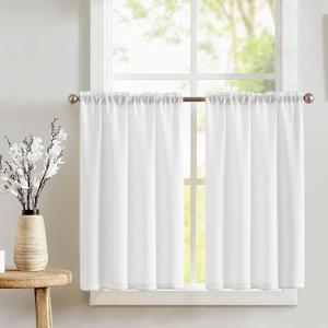 jinchan White Kitchen Curtains 36 Inch Length Farmhouse Rustic Drapes for Small Window Faux Linen Weave Tier Curtains for Bathroom Sink Light Filtering Rod Pocket 2 Panels White (Casual Textured White)