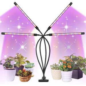 LED Grow Lights, 4 Heads Red Blue White Full Spectrum Plants Lights with Clamp for Indoor Plants & Seed Starting, 10-Level Dimmable, Auto On Off, Timing 4 9 12Hrs
