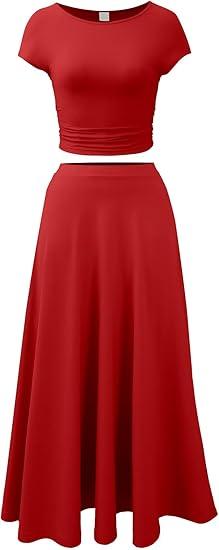 Nimsruc Two Piece Skirt Sets For Women Comfy Summer Outfits Crew Neck Short Sleeve Elastic Waist Maxi Skirts Set, Size: Small