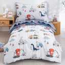 DJY Cotton Twin Bedding Set, Dinosaur Cars Reversible Twin Comforter Set for Kids Boys Girls, 4 Pieces Bed in a Bag Includes Quilted Comforter, Flat Sheet, Fitted Sheet and Pillowcase
