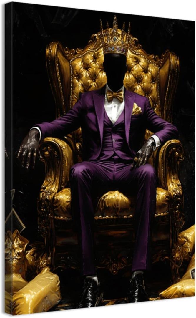 DOARTDO Black Man Wall Art Black and Gold Purple Pictures African American King Wall Decor Man Bedroom Painting Man Cave Canvas Prints for Men Framed (24.00" x 36.00")