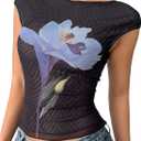 SOLY HUX Women's Y2k Floral Mesh Tops Short Sleeve Aesthetic T Shirts Music Festival Concert Outfit (Black, Small)