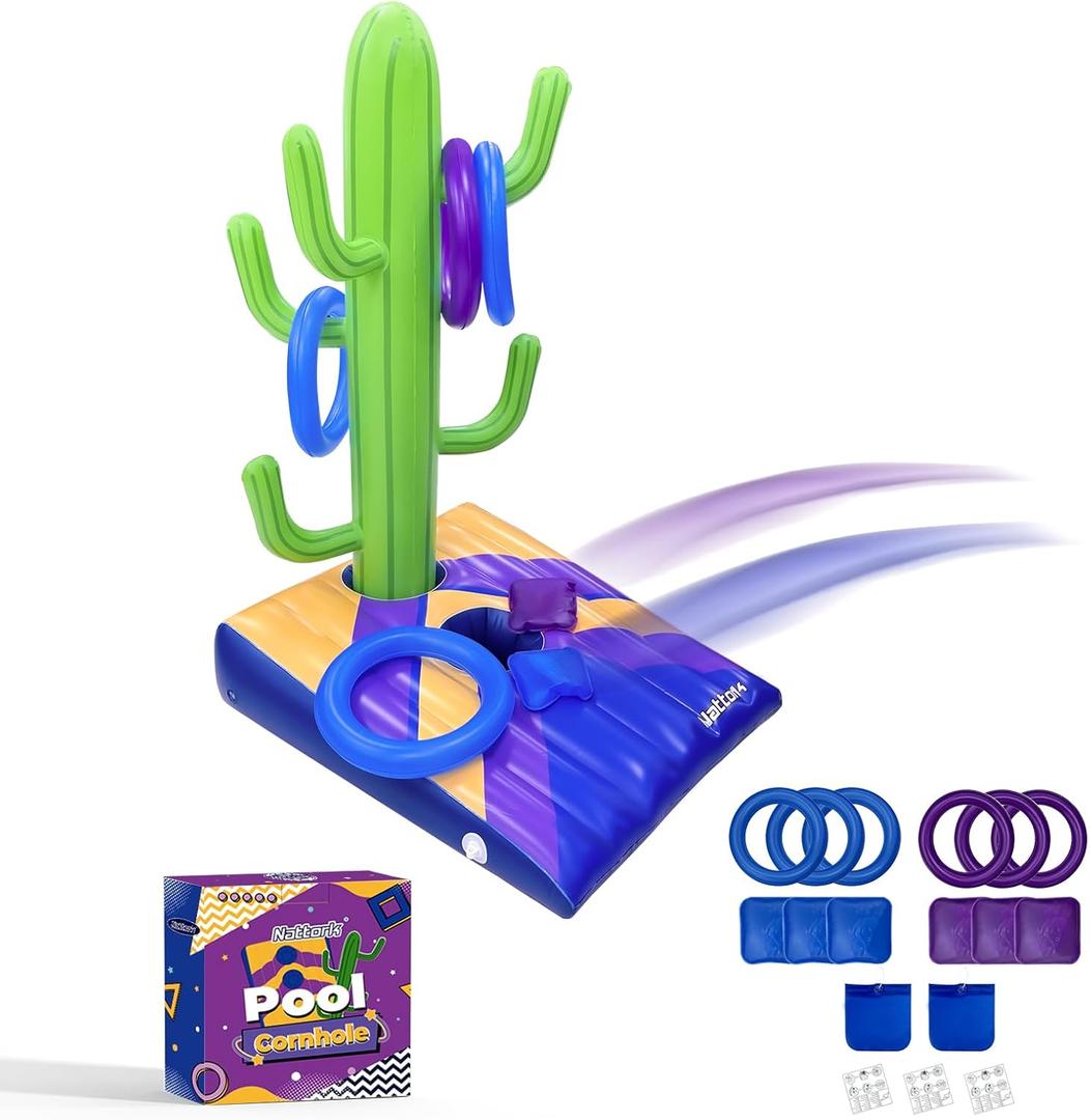 Nattork Pool Games- Pool Cornhole & Ring Toss Games 2in1 for Adult and Family- 6 Bean Bags with Anchor Bags for Poolside & Backyard- Inflatable Portable Summer Party Swim Ring Game (Amber Violet)