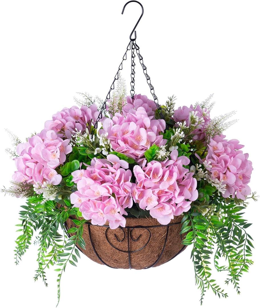 Lush Hanging Flower Basket, Artificial Flowers, Suitable for Home Spring and Summer Decoration(Pink) 2 Pack