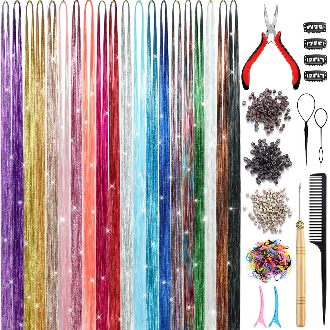 Hair Tinsel Kit (20 Colors, 8800 Strands, 48 Inches) Sparking Tinsel Hair Extensions Kit with Tools, Heat Resistant Highlights Glitter Hair Extensions Fairy Hair Accessories for Girls Women