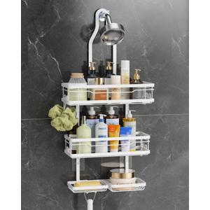 OMAIRA Shower Caddy Hanging with Soap Scrub Holder, Stainless Steel Adjustable No Drilling Non-Slip Large Capacity Sturdy Over Shower Head Shower Organizer Inside Shelves Bathroom Storage Rack, White