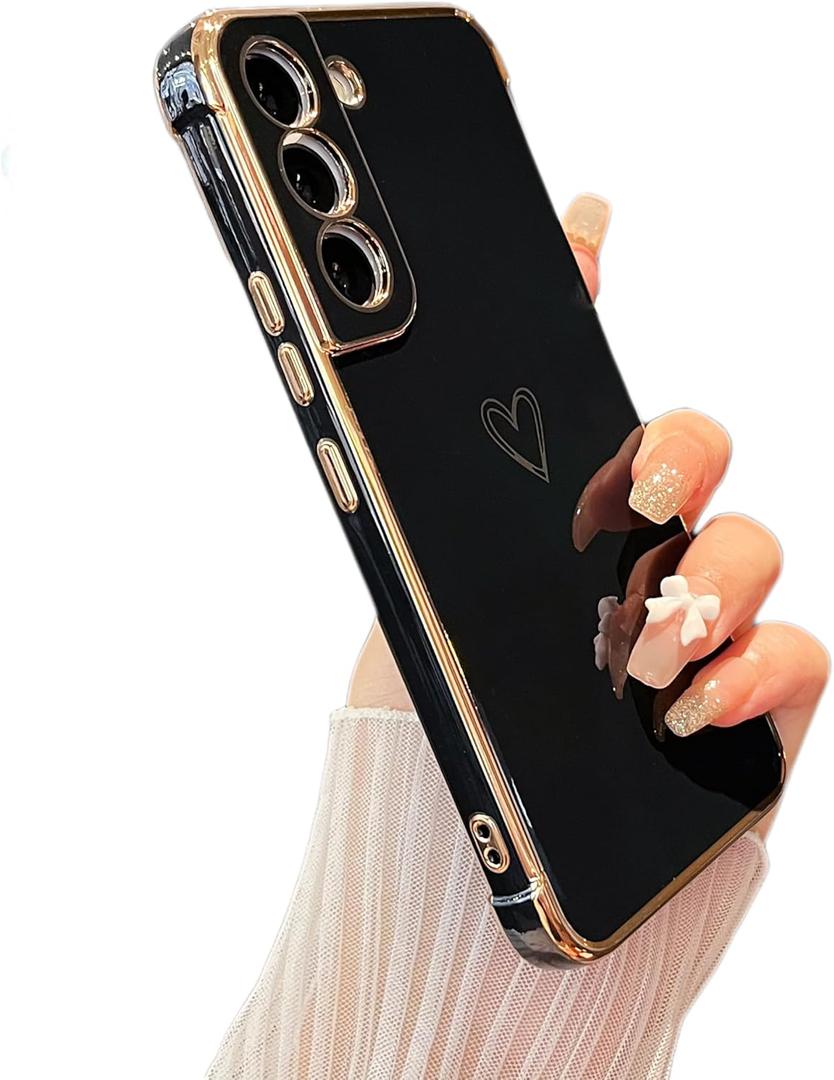 ZTOFERA Case for Samsung Galaxy S21 5G,Cute Plating Edge Love Hearts Pattern with Camera Lens Protection Phone Case for Galaxy S21 6.2",Black