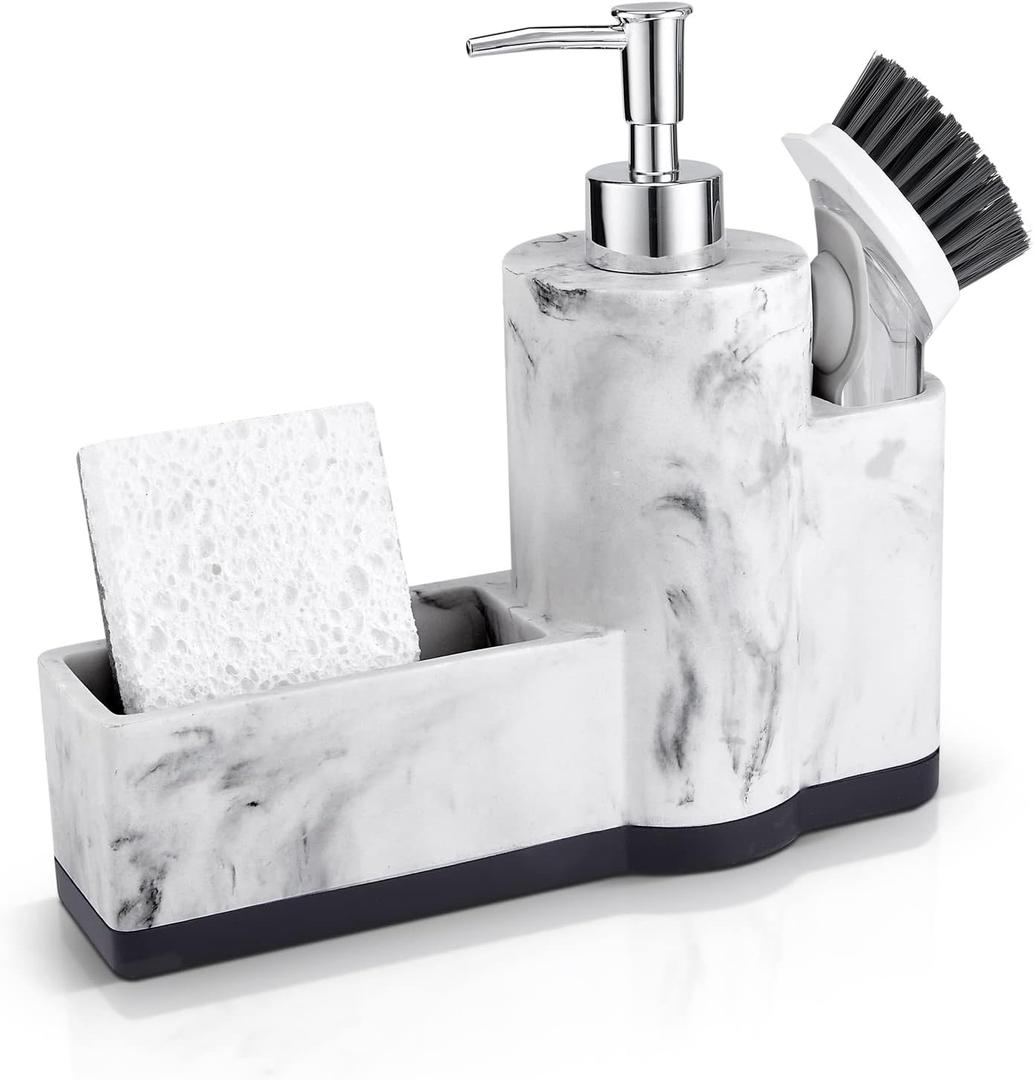 zccz Soap Dispenser with Sponge Holder and Brush Holder, Marble Pattern Kitchen Dish Soap Dispenser Pump Bottle Countertop Sink Caddy Bathroom Organizer Sponge Holder for Sink Storage and (3 in 1)