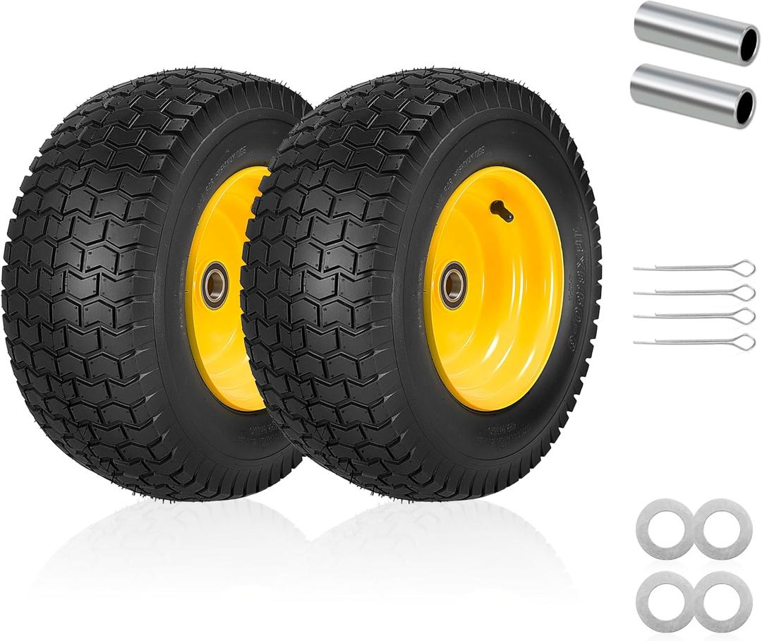 2-Pack 16x6.50-8 Tubeless Front Tires and Wheels, 1-Inch Bearings with Extra 3/4-Inch Axle Sleeve, 3" Long Offset Hub, Fits 3/4" and 1" Axles, Compatible with Most John Deere and other riding mowers.