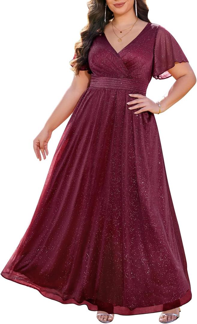 Plus Size Formal Dresses - V Neck Flutter Sleeve Glitter Prom Evening Gowns Wedding Guest Chiffon Long Maxi Dress 14W