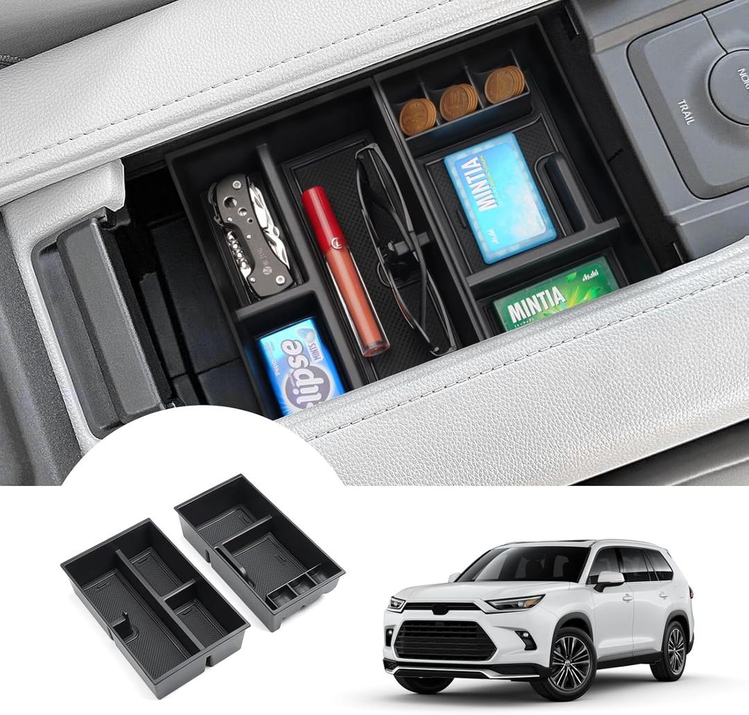 Autorder 2PCS Center Console Organizer for Toyota Grand Highlander 2024 2025 Accessories Armrest Storage Box Secondary Insert Tray with Anti-Slip Mat