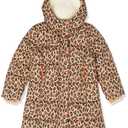 Amazon Essentials Girls and Toddlers' Long Heavyweight Hooded Puffer Jacket, Camel Cheetah Print Medium 