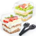 Zezzxu 50 Pack 8 oz Plastic Dessert Cups with Lids and Sporks, Square Parfait Cups with Spoons Cake Containers for Pudding, Yogurt Fruit, Mousse, Trifle and Ice Cream