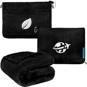 PAVILIA Travel Blanket and Pillow, Arms Opening Airplane Blankets for Adults, Compact Plane Blanket with Arm Hole 2-in-1 Bag for Flight Car Camping Fit in Luggage Backpack Traveler Gift, Black (65 x 40 inches)
