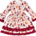 HINTINA Toddler Girl Christmas Dress Flared Sleeve Ruffle Xmas Dresses (4-5T, Khaki)