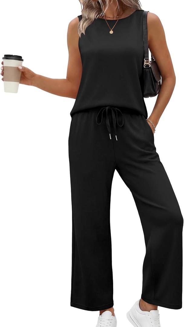 SAMPEEL Two Piece Sets for Women Summer Outfits Beach Vacation Clothes Wide Leg Crop Pants (Medium, Black)