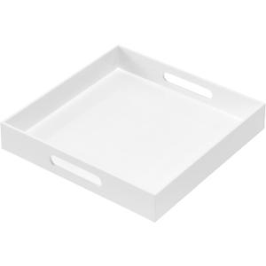 Glossy White Acrylic Serving Tray with Handles, 12x12x2H Inches - Spill Proof, Decorative Trays for Countertop, Ottoman Coffee Table, Nightstand, Breakfast, Tea, Food