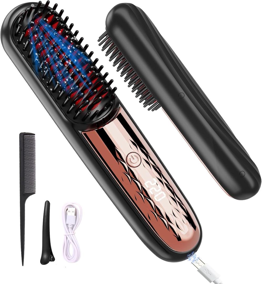 Cordless Hair Straightener Brush for Women, Instant Frizz-Free Portable Straightener, ECO GoBrush Pro 2025 Mini Hot Straightening Comb for Travel