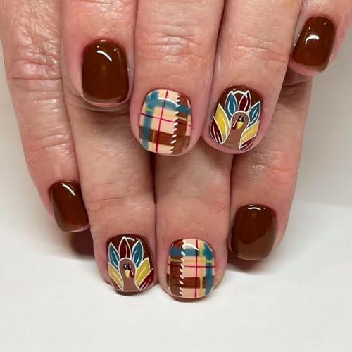 Thanksgiving Press on Nails Short Square SWEKKE Fake Nails Fall False Nails with Turkey Plaid Designs Brown Glossy Glue on Nail Autumn Acrylic Nail for Women Girls 24Pcs