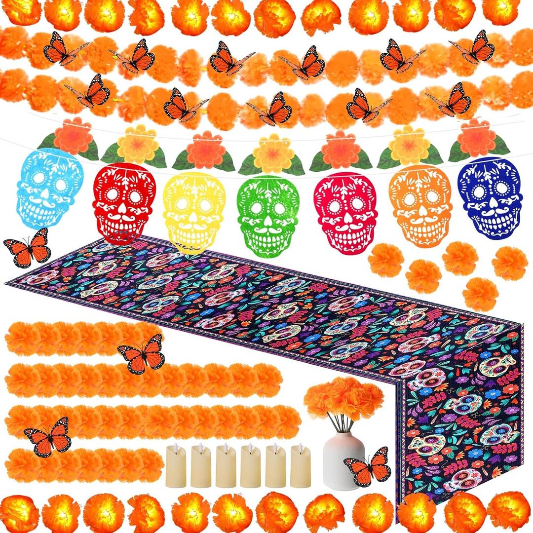 54 Pcs Day of The Dead Decorations Set Altar De Ofrendas Banner Marigold Garland String Light Artificial Flowers Dia De Los Muertos Table Runner Monarch Butterfly Flameless Votive Candles