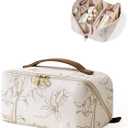 EACHY Travel Makeup Bag,Large Capacity Cosmetic Bags for Women,Waterproof Portable Pouch Open Flat Toiletry Bag Pattern Makeup Bag (F-Beige-Large)