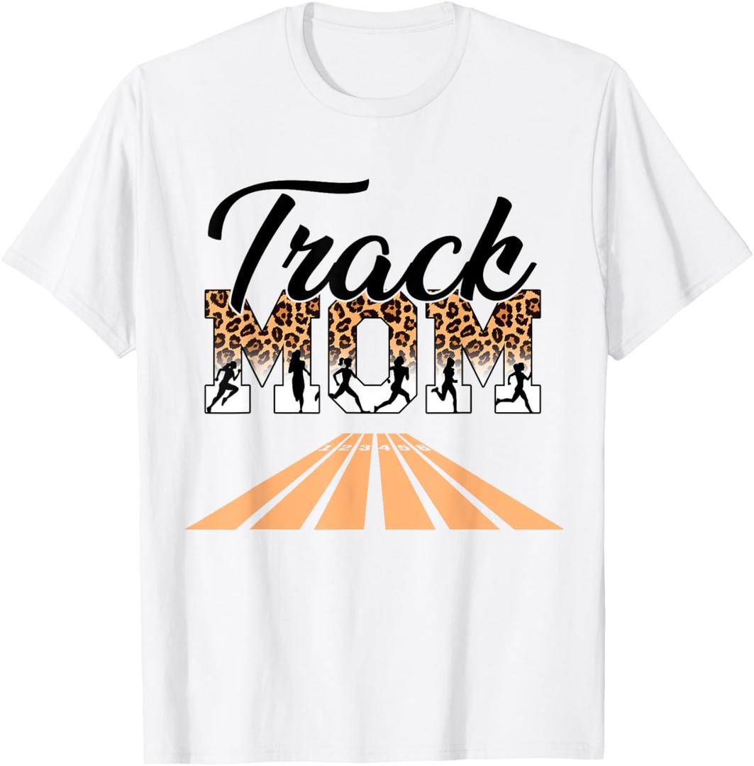 Leopard Messy Bun Track Funny Field Mom Mother's Day Running T-Shirt