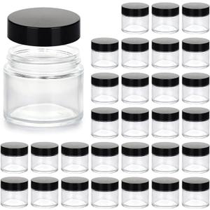 2oz Jars with Lids, HOA Kinh 30 Pack Clear Glass Jars Empty Cosmetic Containers Round Airtight Glass Jar with Inner Liners and black Lids for Storing Lotions, Powders, and Ointments