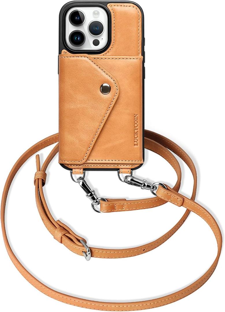 LUCKYCOIN for iPhone 16 Pro Leather Wallet Case,Brown Crossbody Phone Case | with Adjustable Removable Wrist Strap,with Card Holder,Crossbody Lanyard Case,for Woman,Travel Flip Phone Purse Case (TAN)