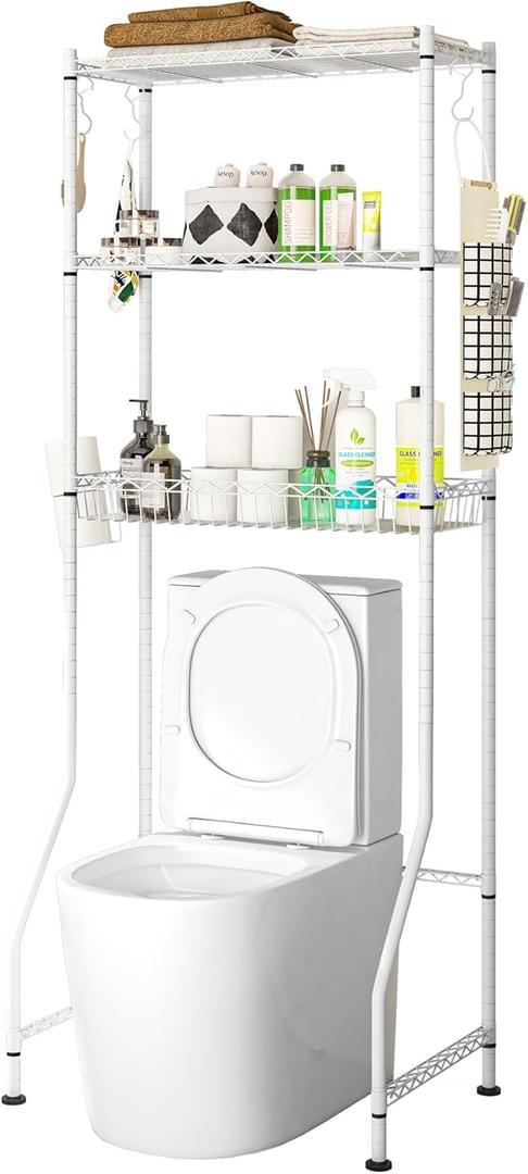 Over The Toilet Storage, 3-Tier Over Toilet Bathroom Organizer with Adjustable Shelves and Basket-Shelf, Space Saver Metal Toilet Shelf with Hooks, Roll-Holder and Hanging Bag (White)