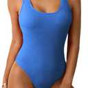 Limeeke Women One Piece Swimsuit Solid Ribbed Monokini Swimwear Scoop Neck Low Back Bathing Suit (Small, Dark Blue)