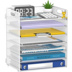 7 Tier Paper Organizer - Mesh Desktop File Holder with Handles for Office School Desk, Black (White)