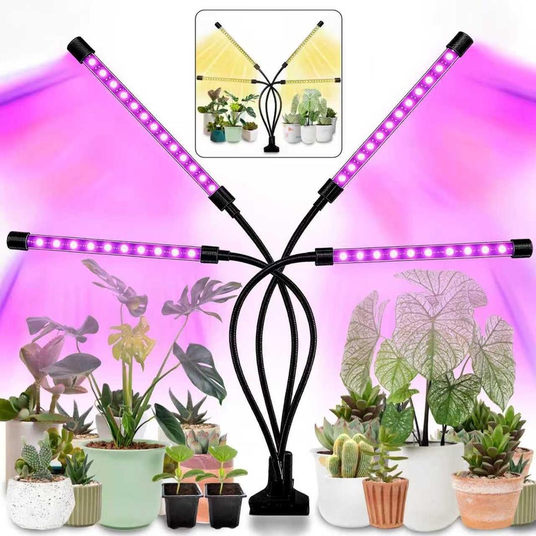 Grow Lights for Indoor Plants,80 LED Plant Lights with Full Spectrum & Red Blue Spectrum, 10 Dimmable Level, 3/9/12H Timer,3 Switch Modes, Adjustable Gooseneck,4 Heads Clip-On