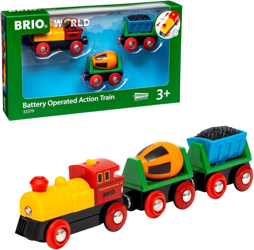 BRIO World Battery Operated Action Train - Motorized for Wooden Tracks - Kids Electric Set - Includes Moving Coal Wagon & Rotating Cement Mixer - Compatible with All Railway Sets - Kids Ages 3 & Up
