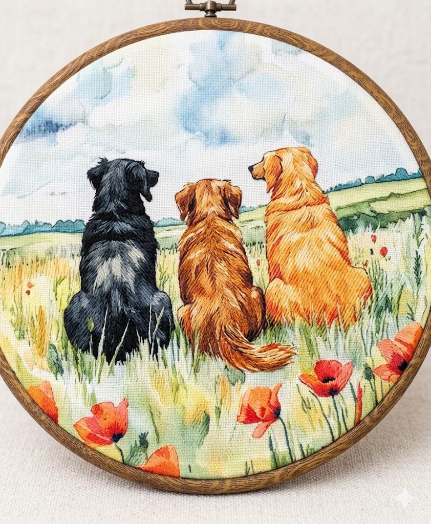 embroidery art piece Three Dogs Decoration