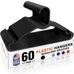 HOUSE DAY Black Plastic Hangers 60 Pack, Lightweight Clothes Hangers with Non-Slip Shoulder Grooves - Space-Saving, Durable & Reinforced Edges Coat Hanger for Closet Organization (Made in USA)