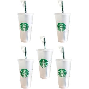 Starbucks 5 Pack Bundle - Reusable Frosted 24 oz Cold Cup with Lid and Green Straw w/Stopper