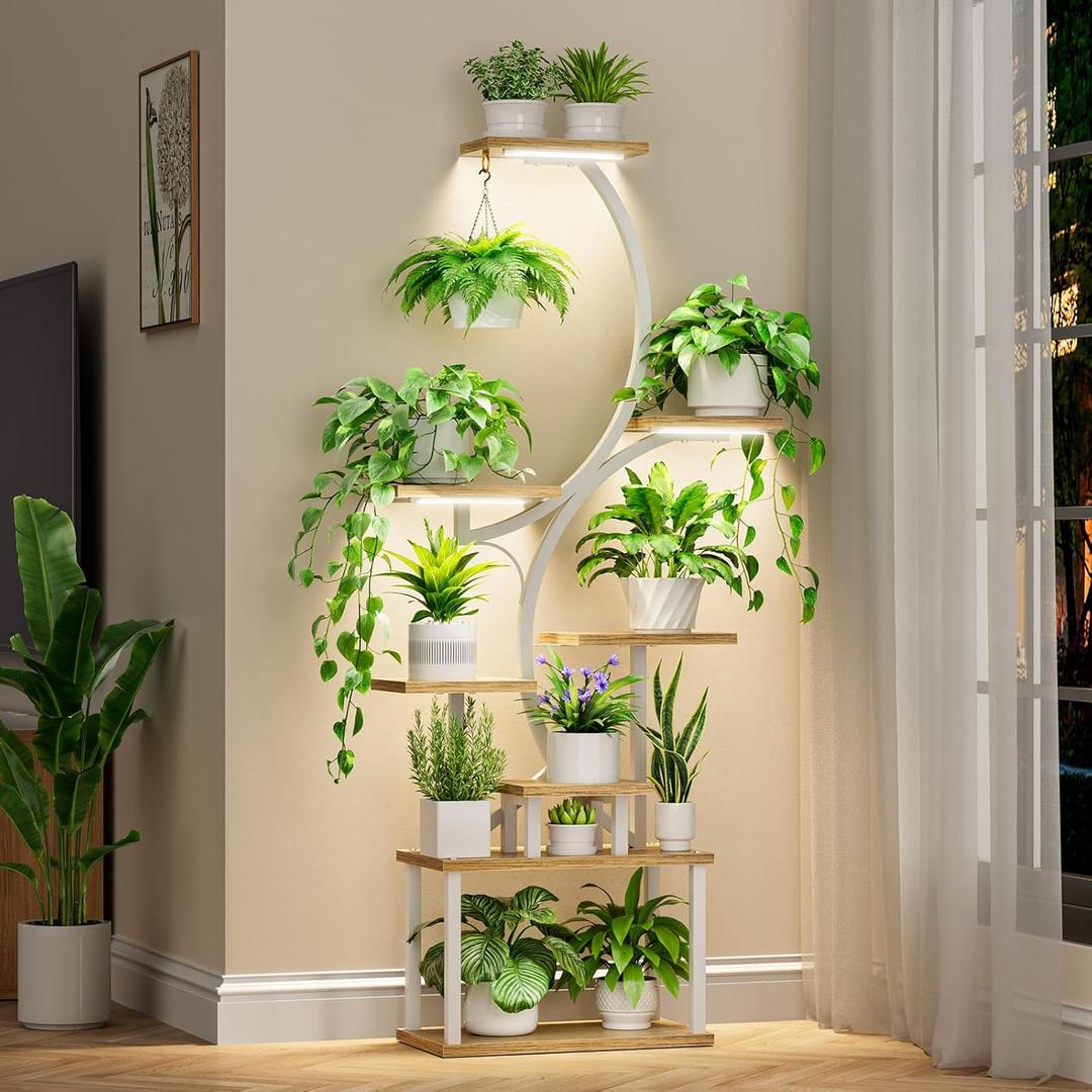 8-Tiered Plant Stand With Grow Lights - 62" Tall Indoor Shelf for Multiple Plants, Metal S-Shaped Flower Holder Rack for Home, Patio (White)