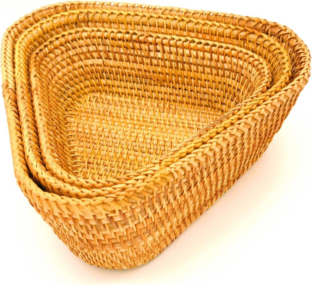 Set of 3 Handmade Rattan Triangle Fruit Basket Side Table Decorative Organizers Corner Shelves Snack Serving Bowls,10 Inch Woven Wicker Brown Basket with 3" Wall