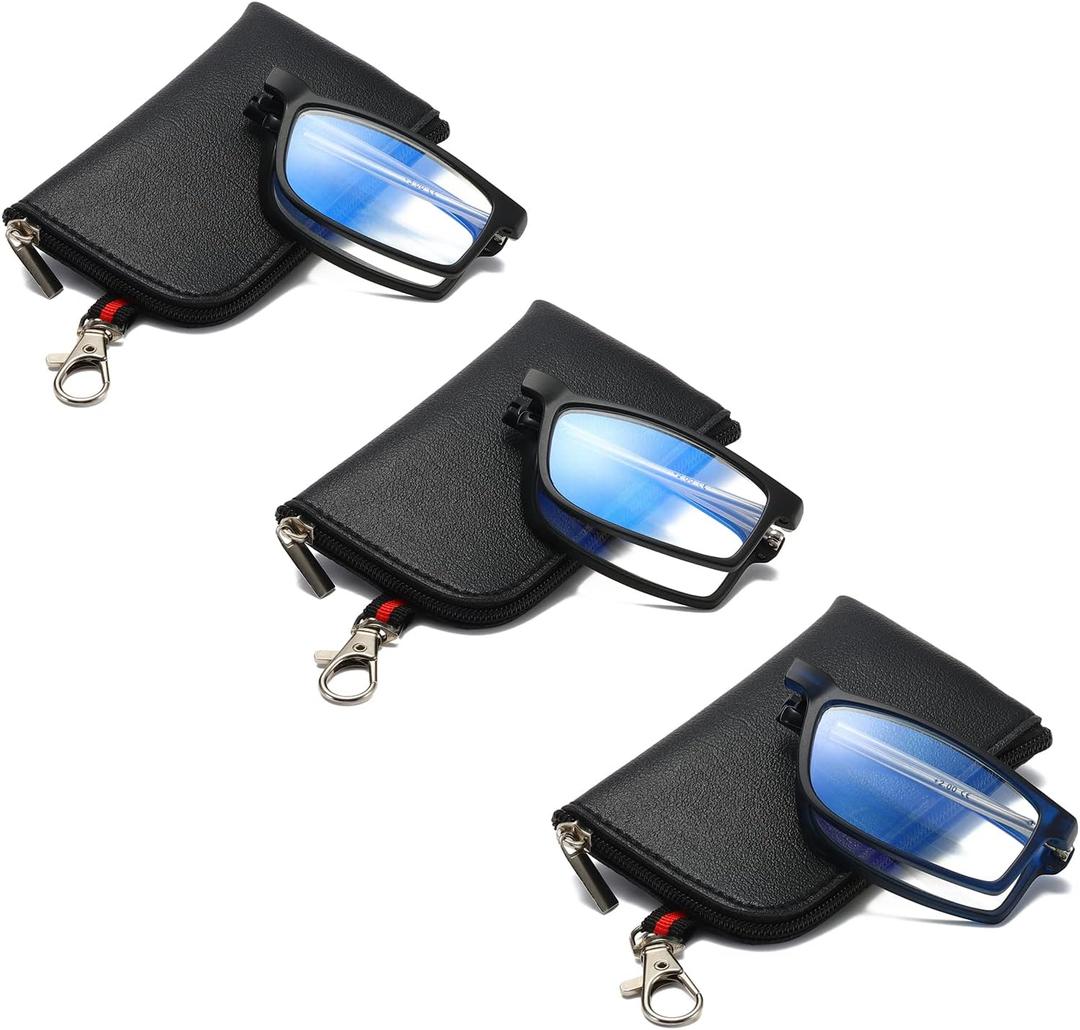 Viseng anti-blue light folding reading glasses for men and women with telescopic rod portable fashion ultra-light leather case +1.0 (3 Pairs: Black & Black & Black)