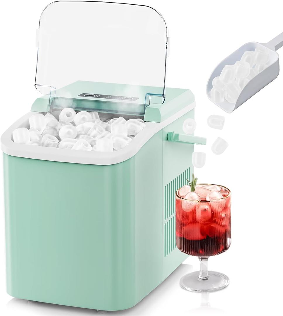 Sweetcrispy Countertop Ice Maker with Scoop, Basket and Handle, 9 Ice Cubes Machine Ready in 6 Mins, 26.5lbs in 24Hrs, 2 Sizes for Home Kitchen Office Bar Party, Elegant Green