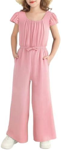 YOURUIKEY Tween Girls Jumpsuit Teen Preppy Clothes Cap Sleeve Smocked Drawstrings Romper Kids Jumper Summer Outfits Size 13-14 Y