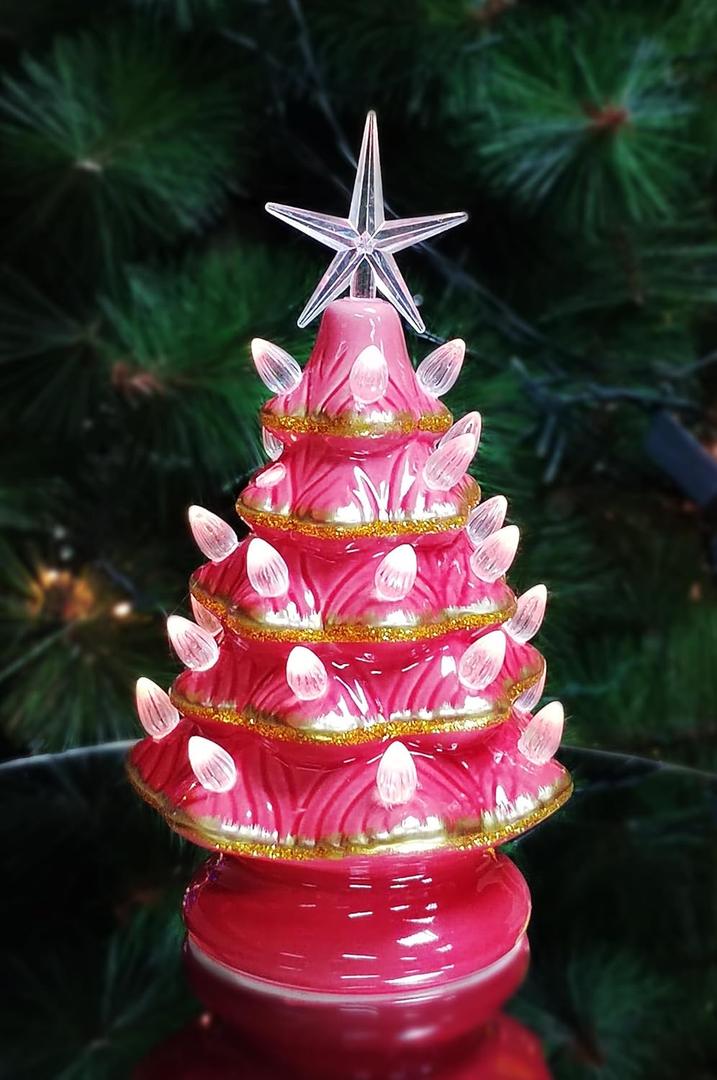 MOMENTS IN TIME Ceramic Christmas Tree 9 Pink LED Lighted Pre-Lit Tabletop Tree with Warm White Bulbs & Star Topper, Battery Operated Holiday Dcor