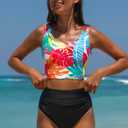 popvil High Waisted Bikini Sets for Women Modest Two Piece Tummy Control Swimsuit Floral Full Coverage Black Bathing Suit (Large)